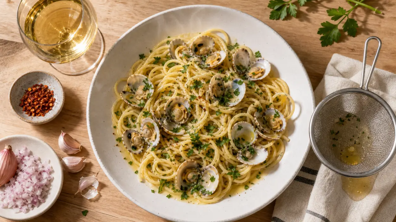 Coque aux pates : spaghettis aux coques, jus filtré, persil