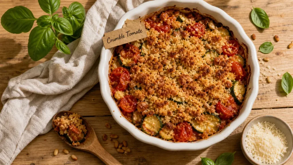 Crumble tomate courgette : 200°C, pâte croustillante et jus à maîtriser