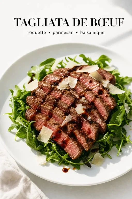 Tagliata de boeuf servie à l’italienne avec roquette, parmesan et balsamique