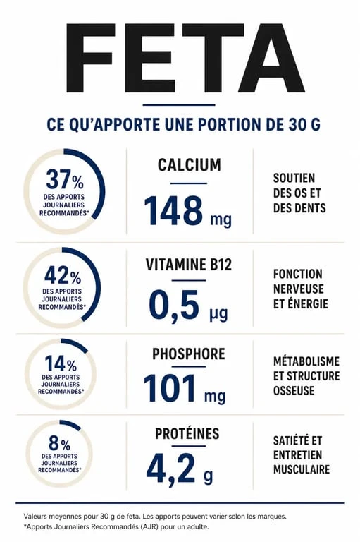 Infographie des bienfaits et apports nutritionnels de la feta pour une portion de 30g