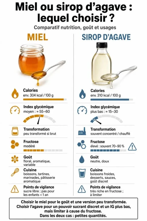 Sirop d agave ou miel : comparaison visuelle des calories, de l’index glycémique et des usages