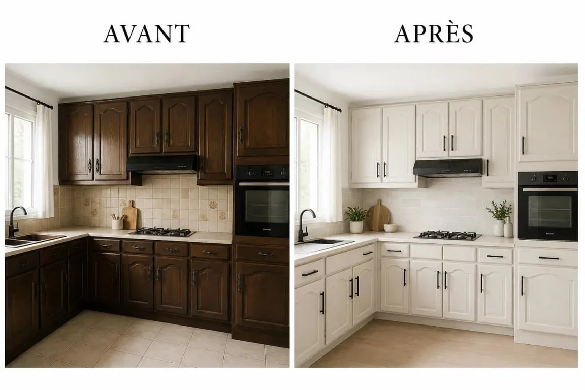 Rénover sa cuisine sans changer les meubles : avant/après d’une cuisine transformée par peinture, poignées et crédence
