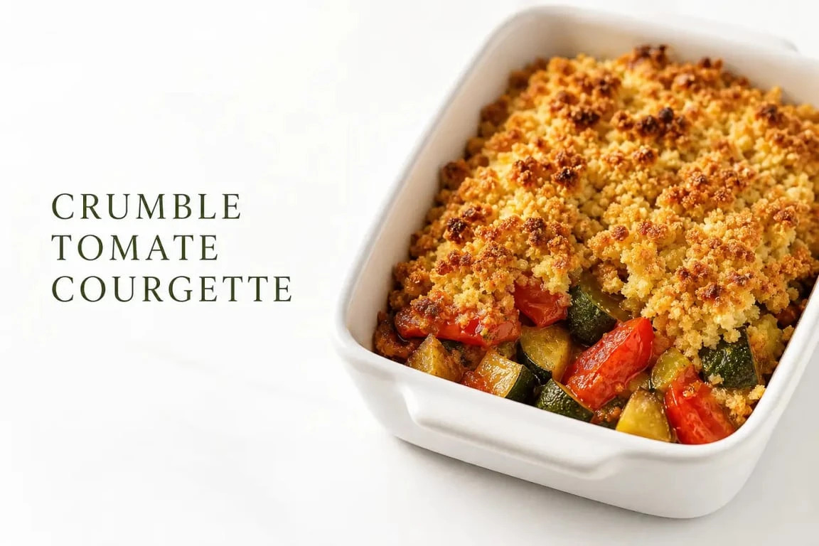 Recette crumble tomate courgette doré et croustillant servi dans un plat à gratin