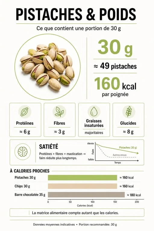 Les pistaches font elles grossir : visuel nutritionnel sur les calories, la satiété et la portion idéale