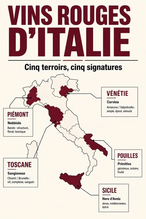 Carte comparative du vin italien rouge avec les grandes régions, cépages et styles emblématiques