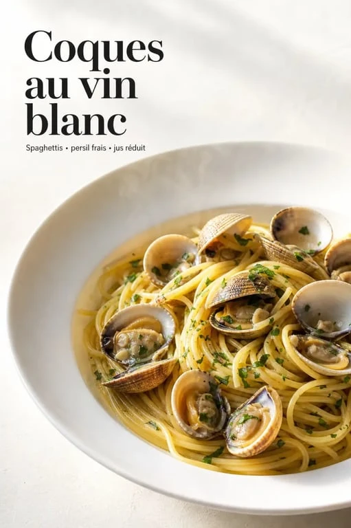 Coque aux pates servies en assiette creuse avec spaghettis, coques, persil et jus au vin blanc