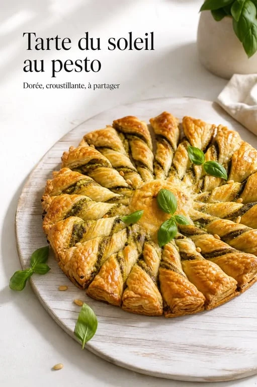 Recette tarte du soleil pesto dorée et croustillante, présentée sur une planche avec rayons torsadés