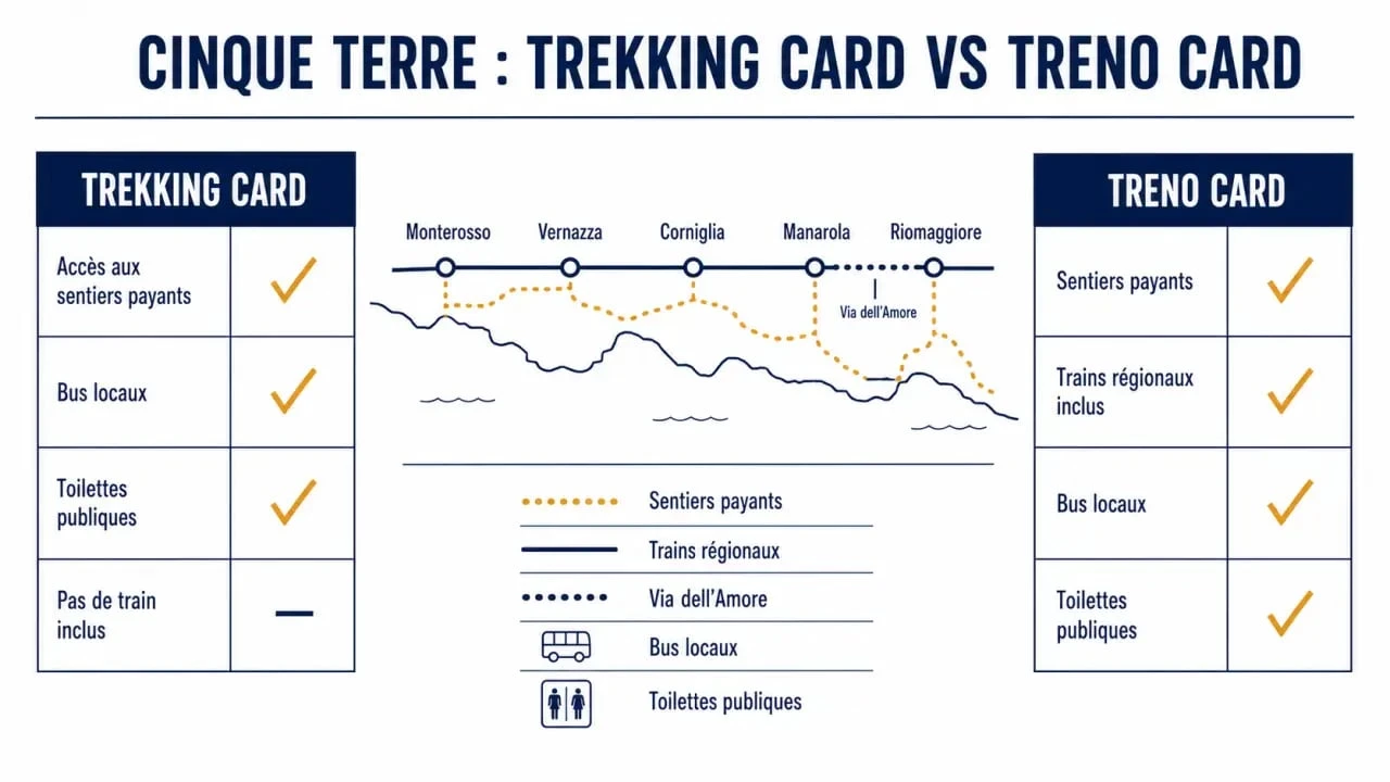 Cinque terre carte : comparaison entre Trekking Card et Treno Card avec villages, sentiers et tarifs