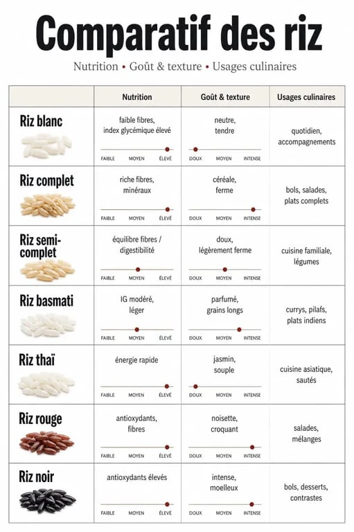Infographie comparative sur quel est le meilleur riz selon la santé, le goût et l'usage