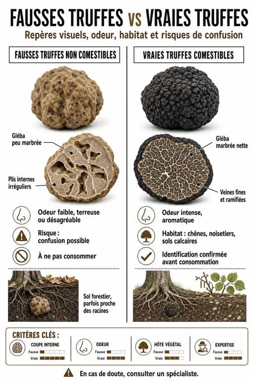 Fausses truffes non comestibles : comparaison visuelle avec une vraie truffe, coupe interne et critères d’identification