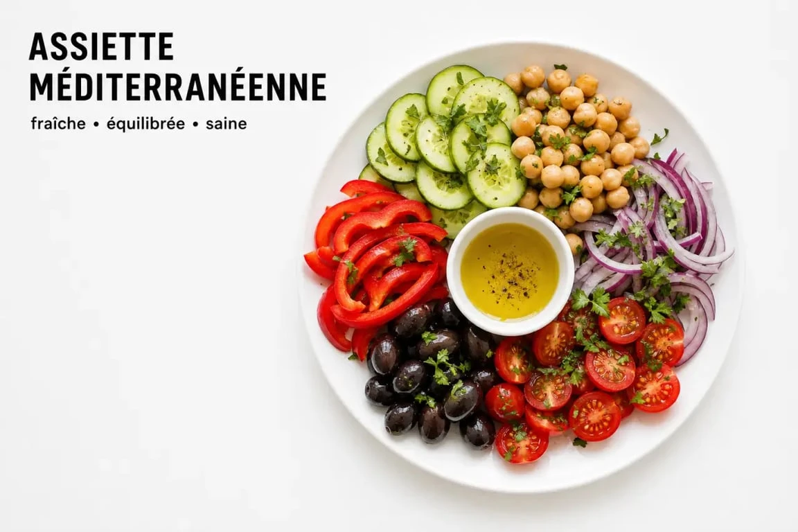 Exemple de menu type régime méditerranéen avec salade de pois chiches et légumes frais