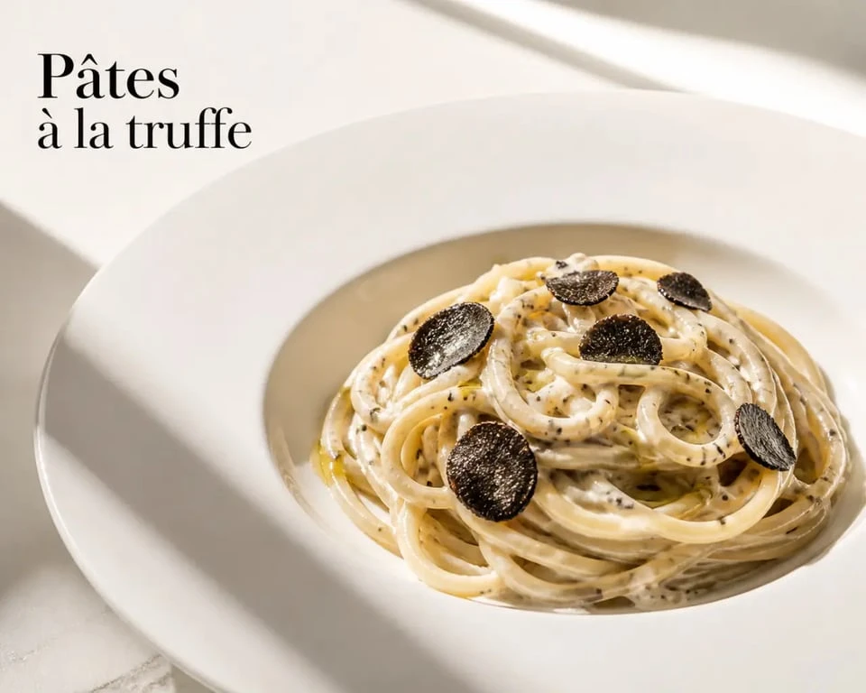 Recette pate a la truffe dressée en assiette avec lamelles de truffe