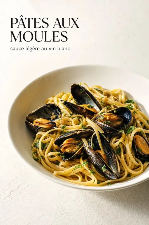 Recette pates moules servie dans une assiette creuse avec persil frais et sauce au vin blanc