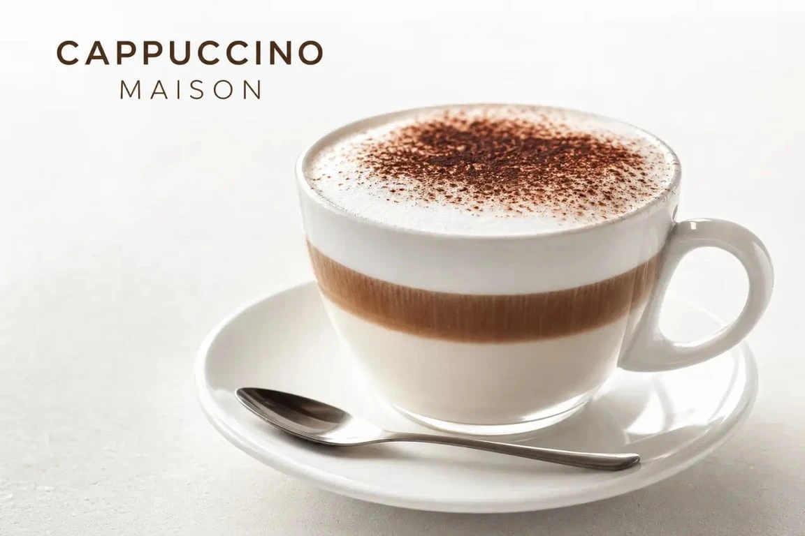 Recette cappuccino maison dans une tasse blanche avec mousse de lait et cacao