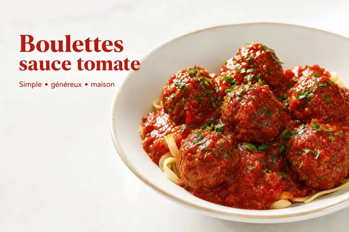 Boulette de viande sauce tomate servie dans une assiette familiale avec sauce nappante et pâtes