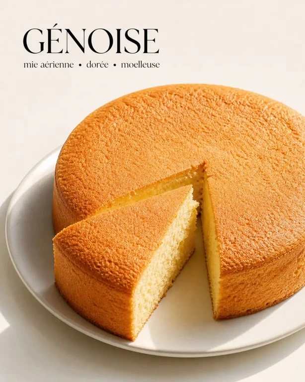 Recette genoise moelleuse dorée et aérienne sur assiette blanche