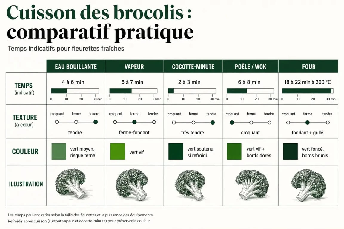 Cuisson brocolis : visuel comparatif des temps de cuisson selon la méthode