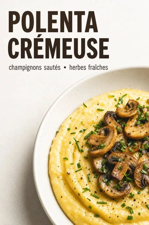 Assiette de polenta crémeuse onctueuse servie avec des champignons, idéale pour une recette de polenta crémeuse réussie.