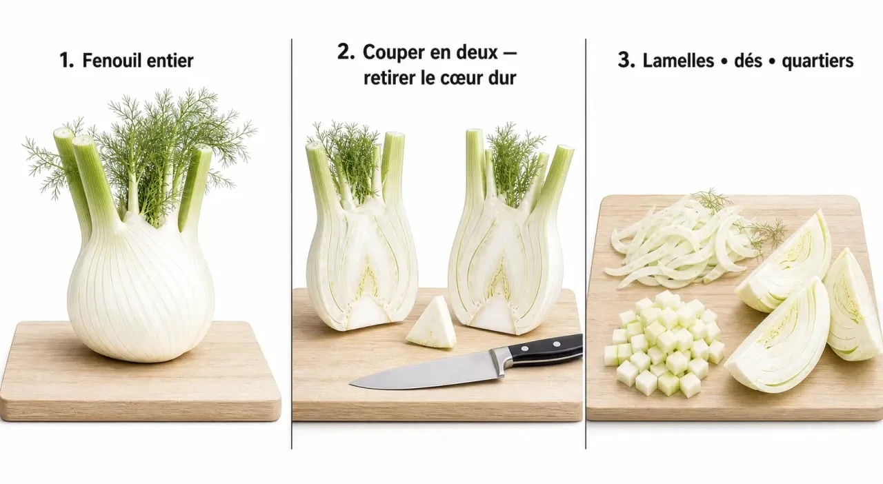 Couper fenouil : étapes pour retirer les tiges, couper le bulbe en deux et obtenir des lamelles, dés ou quartiers