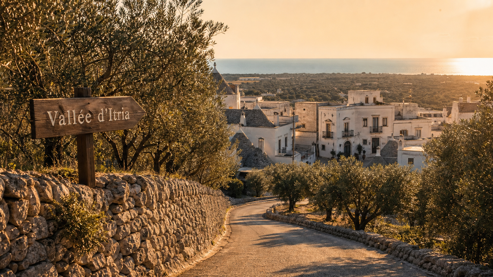 Les Pouilles : village blanc et mer Adriatique au golden hour