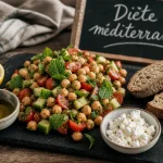 Menu type regime mediterraneen : salade pois chiches, huile d’olive, citron, feta