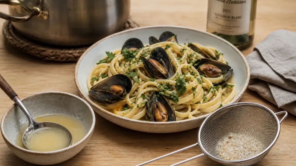 Pâtes aux moules : 45 minutes, jus filtré et sauce savoureuse