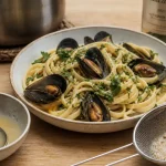 Pates moules et sauce au vin blanc avec jus filtré