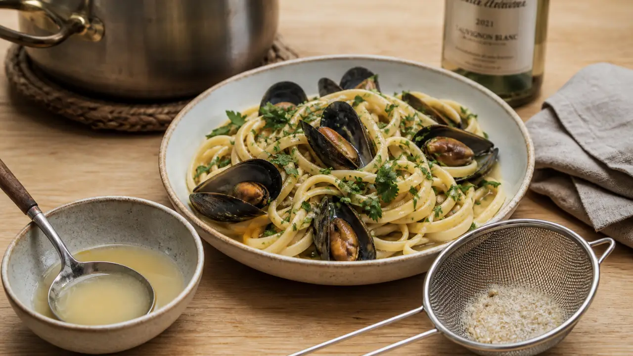 Pates moules et sauce au vin blanc avec jus filtré