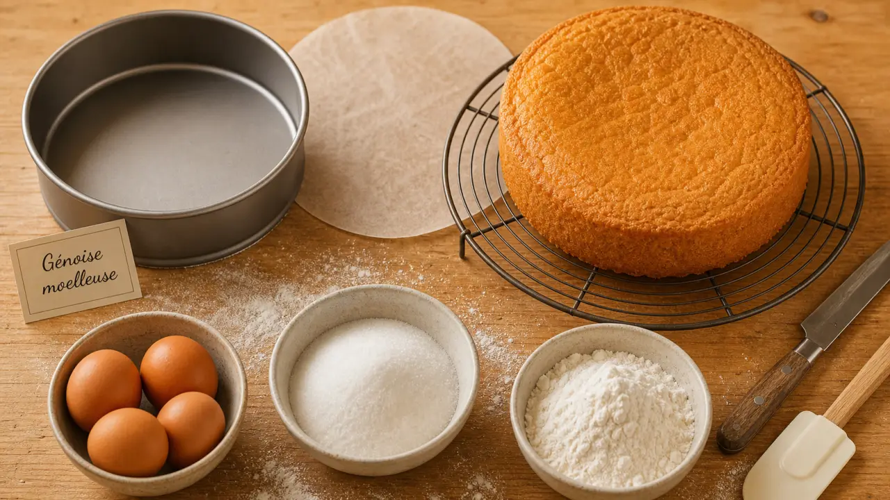 Recette genoise moelleuse à 180° : génoise tiède sur grille, ingrédients