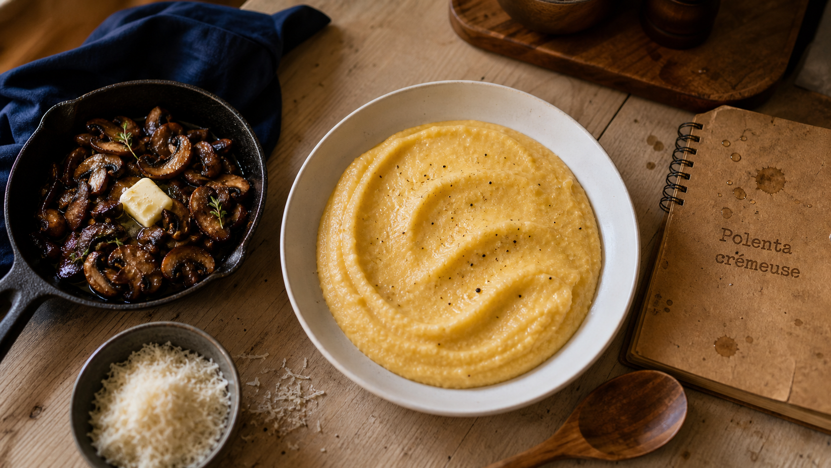Recette polenta crémeuse fondante, polenta lisse aux champignons et parmesan