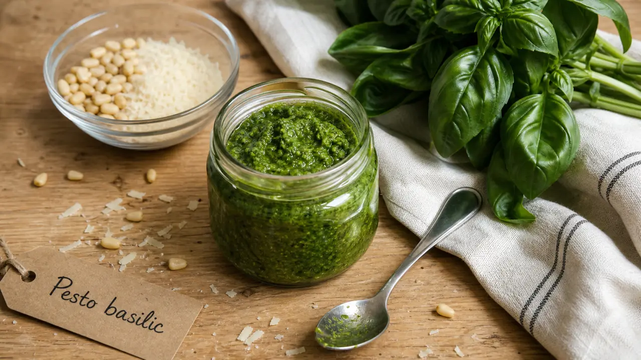 Recette pour pesto basilic maison : pot de pesto vert au basilic, pignons et parmesan