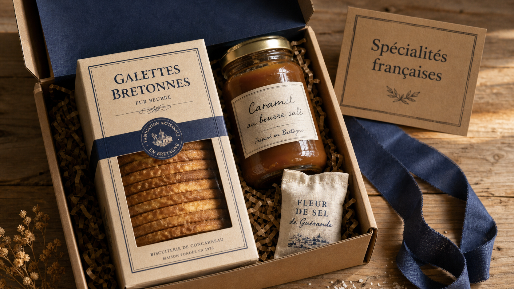 Spécialités françaises à offrir : coffret caramel au beurre salé et fleur de sel sur table en bois