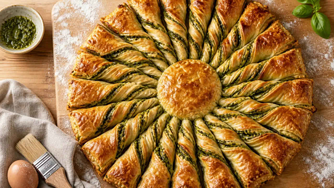 Tarte du soleil pesto croustillante, rayons torsadés dorés