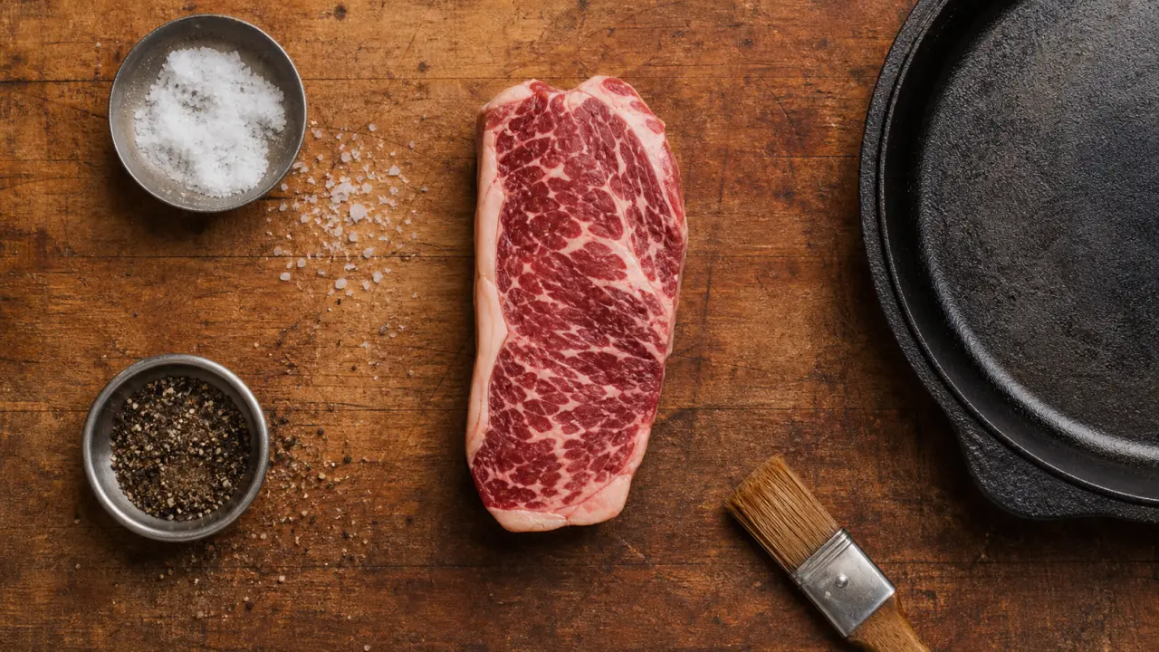 Tranche de viande persillée, faux-filet marbré blanc crème