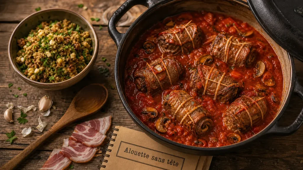 Alouette sans tête à l’italienne : bœuf roulé, pancetta et sauce tomate en cocotte