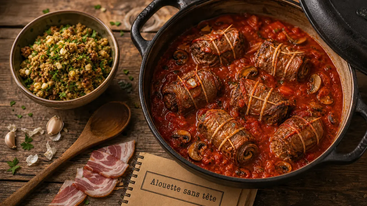 Alouette sans tête recette italienne : bœuf roulé et sauce tomate en cocotte