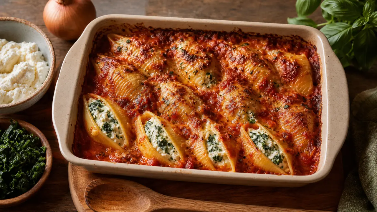 Conchiglioni recette italienne au four ricotta-épinards gratin doré
