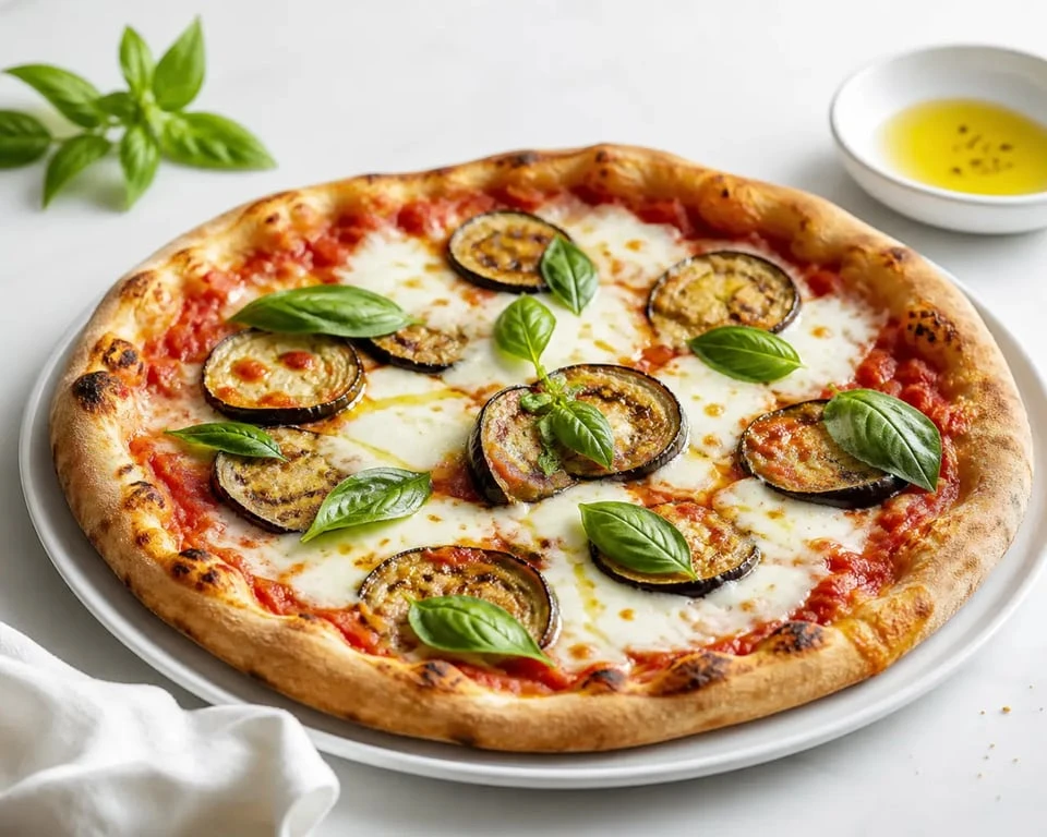 Pizza aubergine italienne sur une assiette blanche, avec mozzarella fondue, aubergines rôties et basilic frais