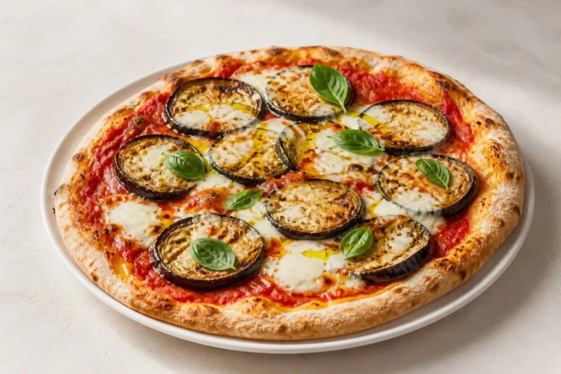 Pizza aubergine italienne sur une assiette blanche, avec mozzarella fondue, aubergines rôties et basilic frais