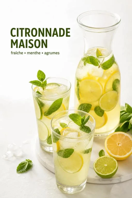 Recette citronnade maison servie bien froide en carafe avec citron et menthe