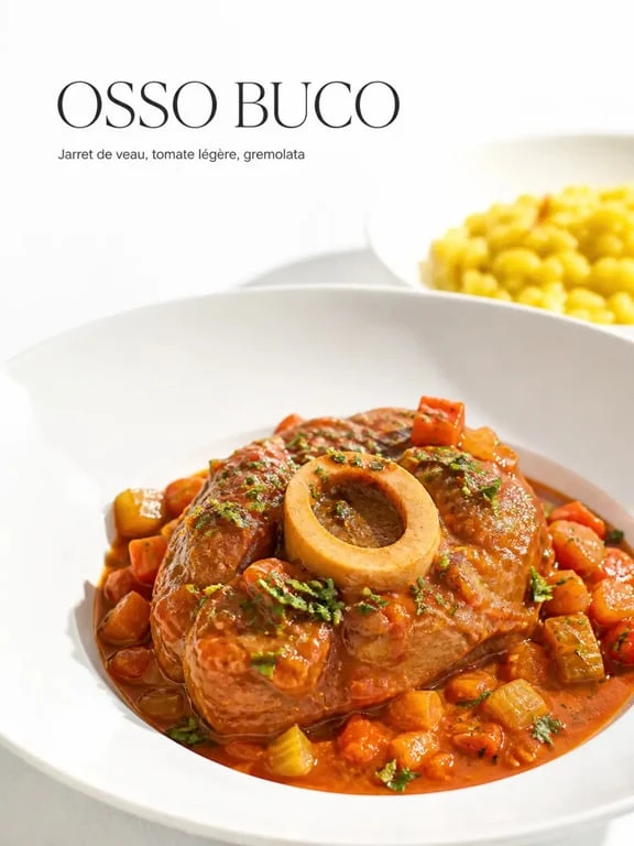 Recette osso bucco italienne servie en assiette avec gremolata et sauce mijotée