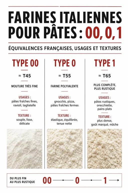 Farine pour pâtes italiennes : comparatif visuel des types 00, 0 et 1 avec équivalences T45, T55 et T65