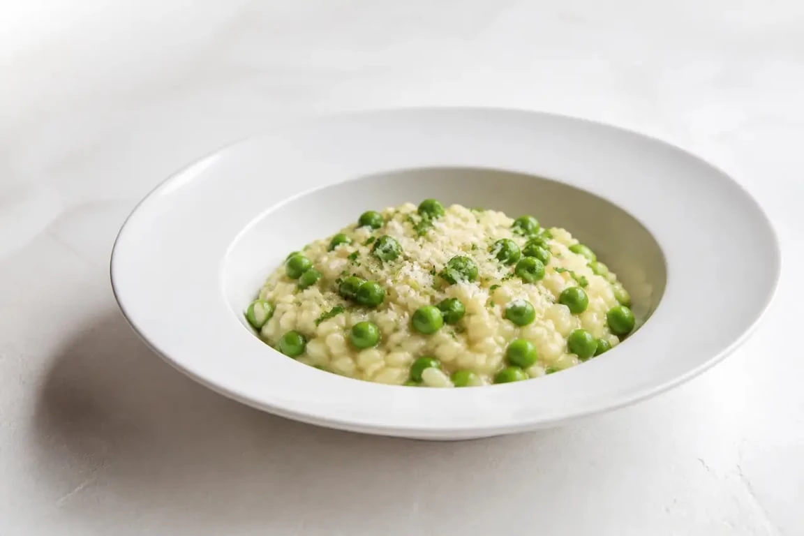 Risotto petit pois italien crémeux servi en assiette creuse avec parmesan et persil