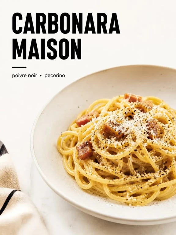 Recettes italiennes : spaghetti alla carbonara maison dressés dans une assiette sobre