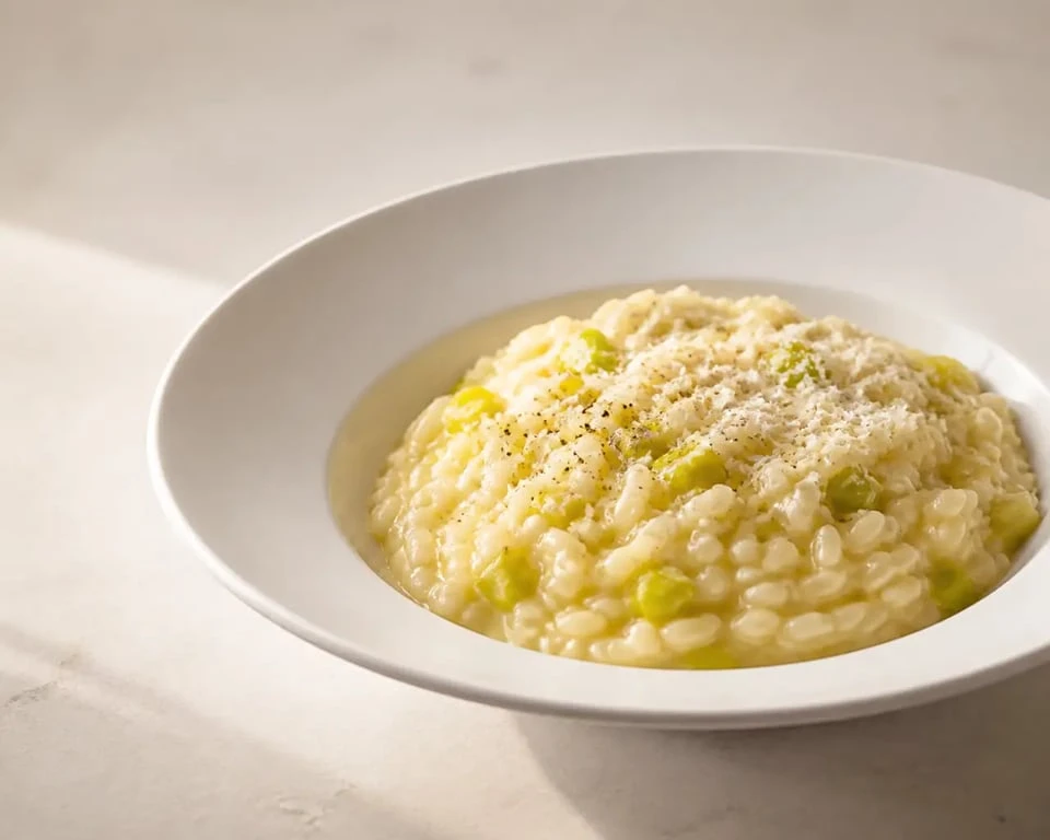 Risotto poireaux italien crémeux servi dans une assiette creuse avec parmesan et poivre noir