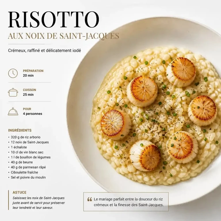 Risotto aux noix de Saint-Jacques italien dressé dans une assiette creuse