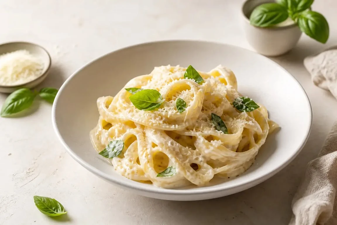 Recette italienne de pâtes à la ricotta servies crémeuses avec parmesan et basilic