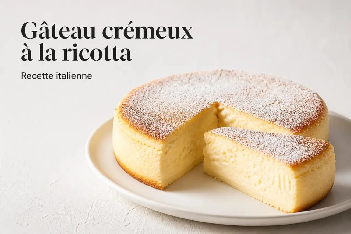 Gâteau crémeux à la ricotta recette italienne sur assiette blanche avec une part découpée