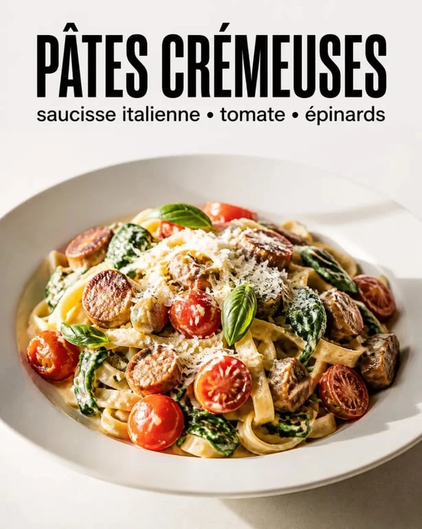 Recette saucisses italiennes recettes de pâtes crémeuses aux tomates et épinards sur une assiette dressée