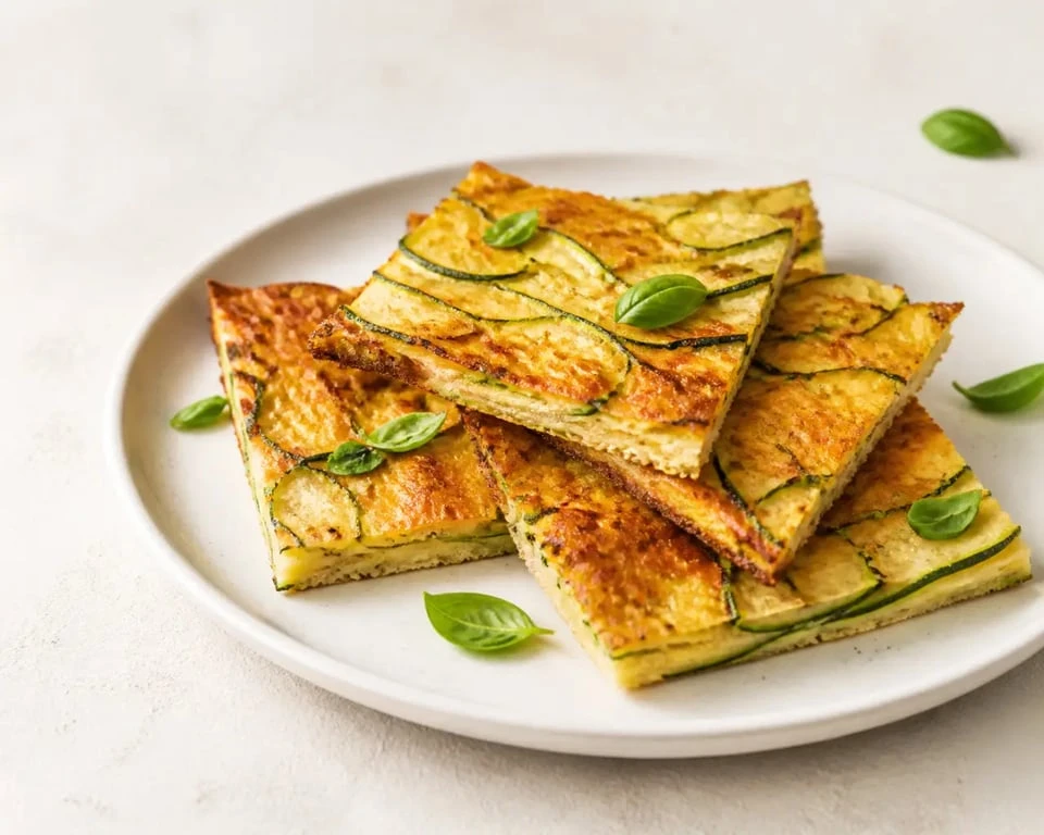 Courgettes recettes italiennes : scarpaccia toscane dorée servie en carrés sur assiette blanche